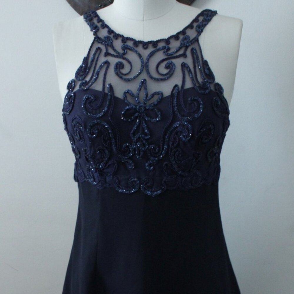 1990's Blondie and Me Blue Chiffon Formalwear Evening Dress with Sparkle Mesh